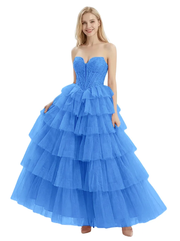 ChicSew Unique Lace Applique Tiered Ruffle A-Line Tulle Sweetheart Formal Evening Gown sold by ChicSew product image thumbnail 5