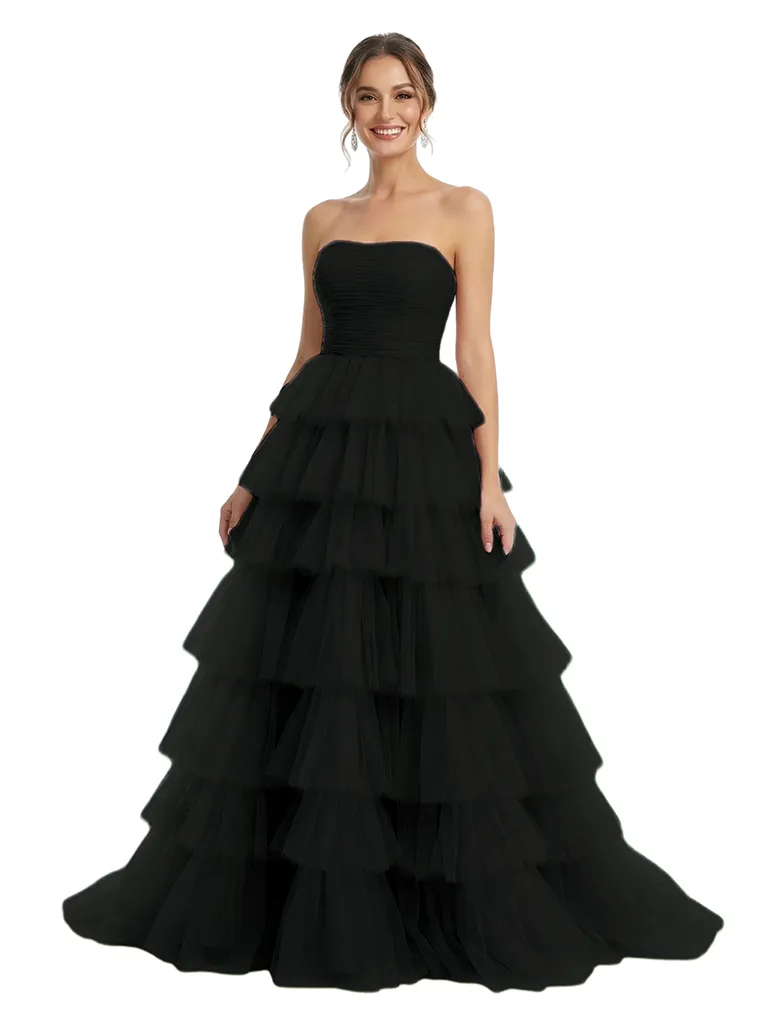 ChicSew Strapless Tiered Ruffle Tulle A-Line Maxi Long Evening Prom Dresses sold by ChicSew product image thumbnail 4