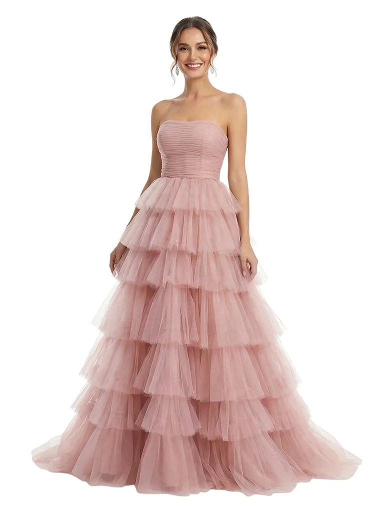 ChicSew Strapless Tiered Ruffle Tulle A-Line Maxi Long Evening Prom Dresses sold by ChicSew