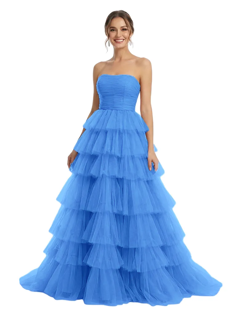 ChicSew Strapless Tiered Ruffle Tulle A-Line Maxi Long Evening Prom Dresses sold by ChicSew product image thumbnail 5