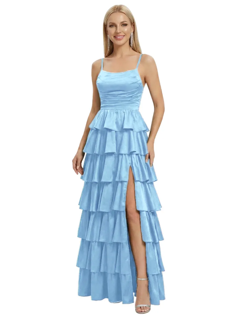 ChicSew Sexy Tiered Ruffle Spaghetti Straps Satin Party Prom Gowns Side Slit sold by ChicSew product image thumbnail 5
