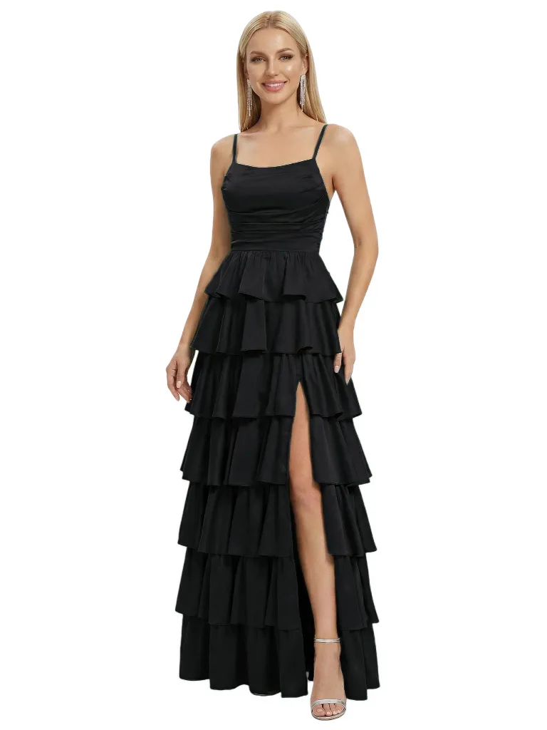 ChicSew Sexy Tiered Ruffle Spaghetti Straps Satin Party Prom Gowns Side Slit sold by ChicSew product image thumbnail 4