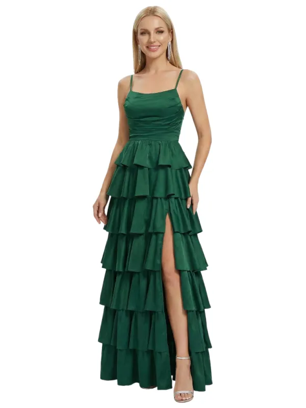 ChicSew Sexy Tiered Ruffle Spaghetti Straps Satin Party Prom Gowns Side Slit sold by ChicSew