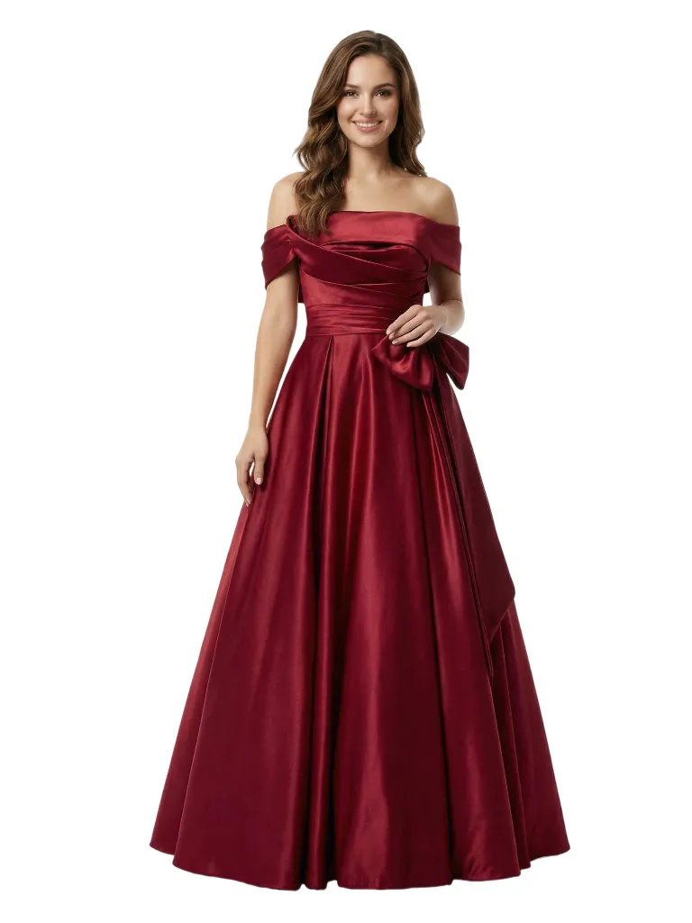 ChicSew Classy Off The Shoulder Satin A-Line Formal Evening Dresses With Bow sold by ChicSew