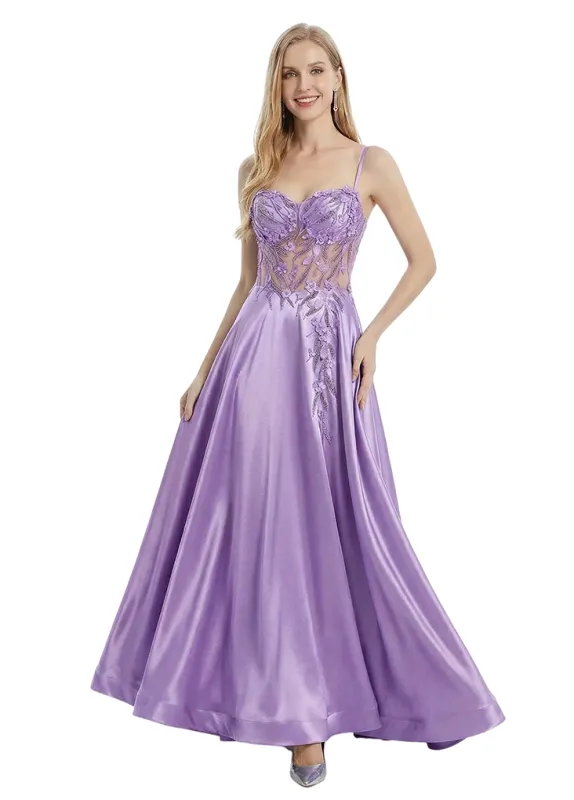 ChicSew Modern Spaghetti Straps Satin Lace See Through A-Line Evening Prom Dresses sold by ChicSew