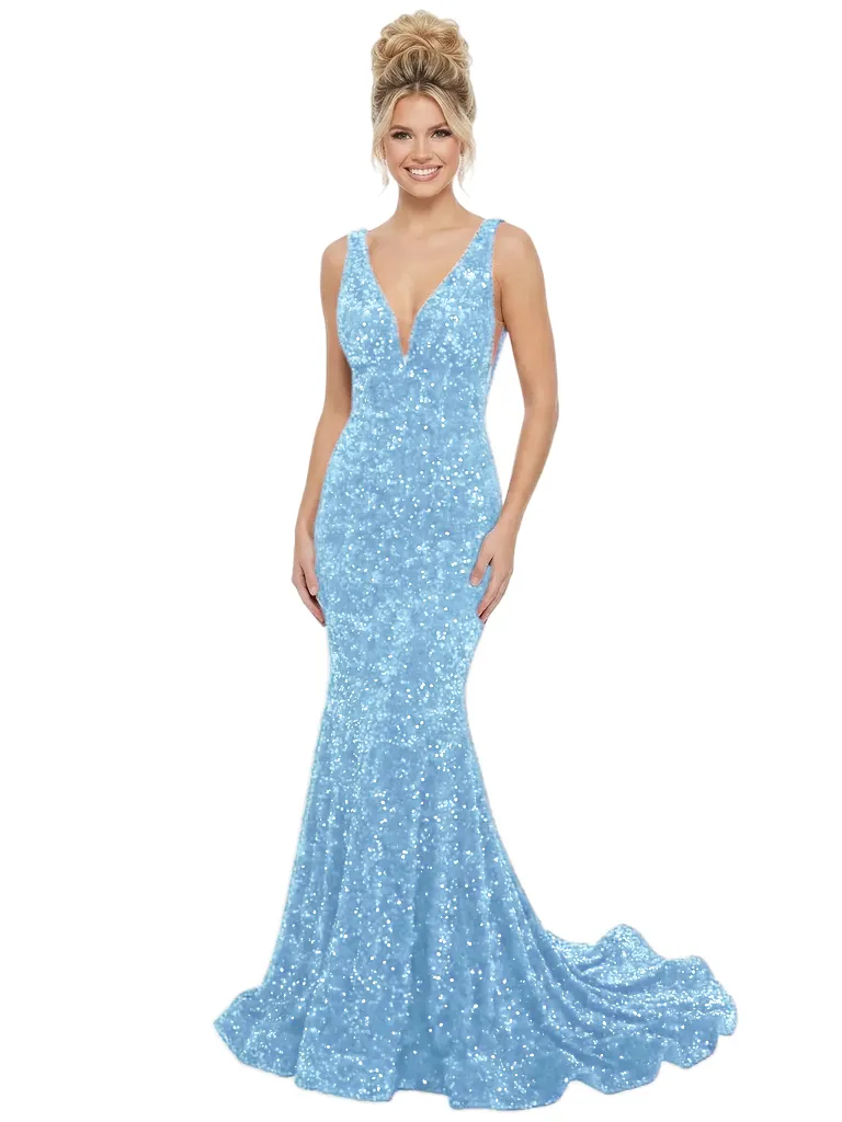ChicSew Sparkling Sequin Mermaid Prom Dresses With Deep V-Neck Open Back Gowns sold by ChicSew product image thumbnail 5