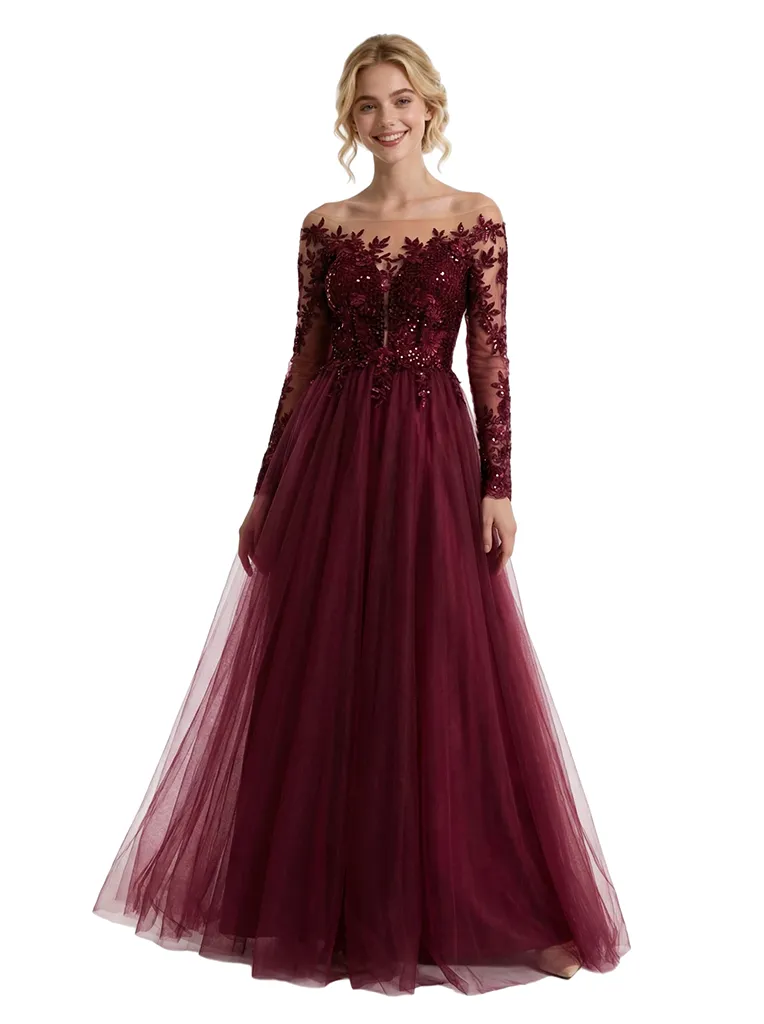 ChicSew Sparkly Off Shoulder Lace Long Sleeves V-Neck A-Line Floor Length Prom Dress sold by ChicSew