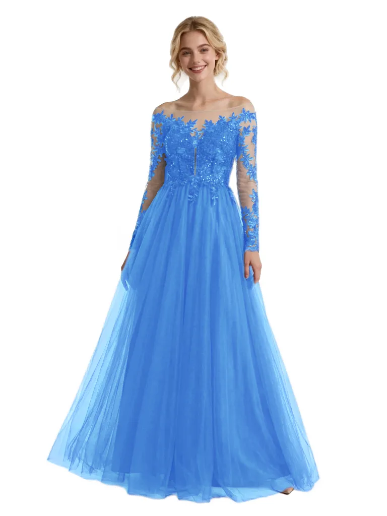 ChicSew Sparkly Off Shoulder Lace Long Sleeves V-Neck A-Line Floor Length Prom Dress sold by ChicSew product image thumbnail 5