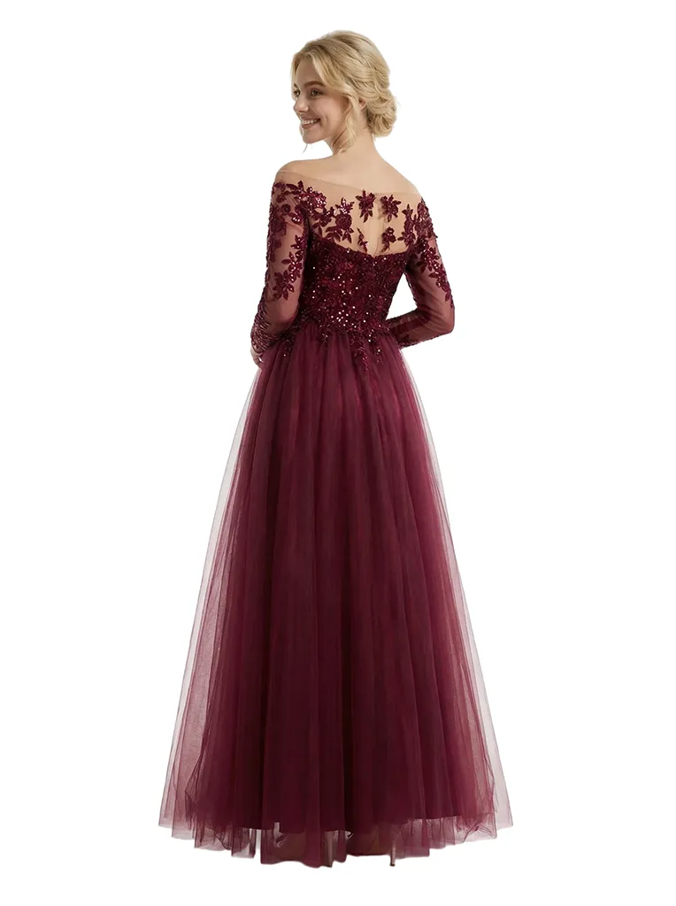 ChicSew Sparkly Off Shoulder Lace Long Sleeves V-Neck A-Line Floor Length Prom Dress sold by ChicSew product image thumbnail 3