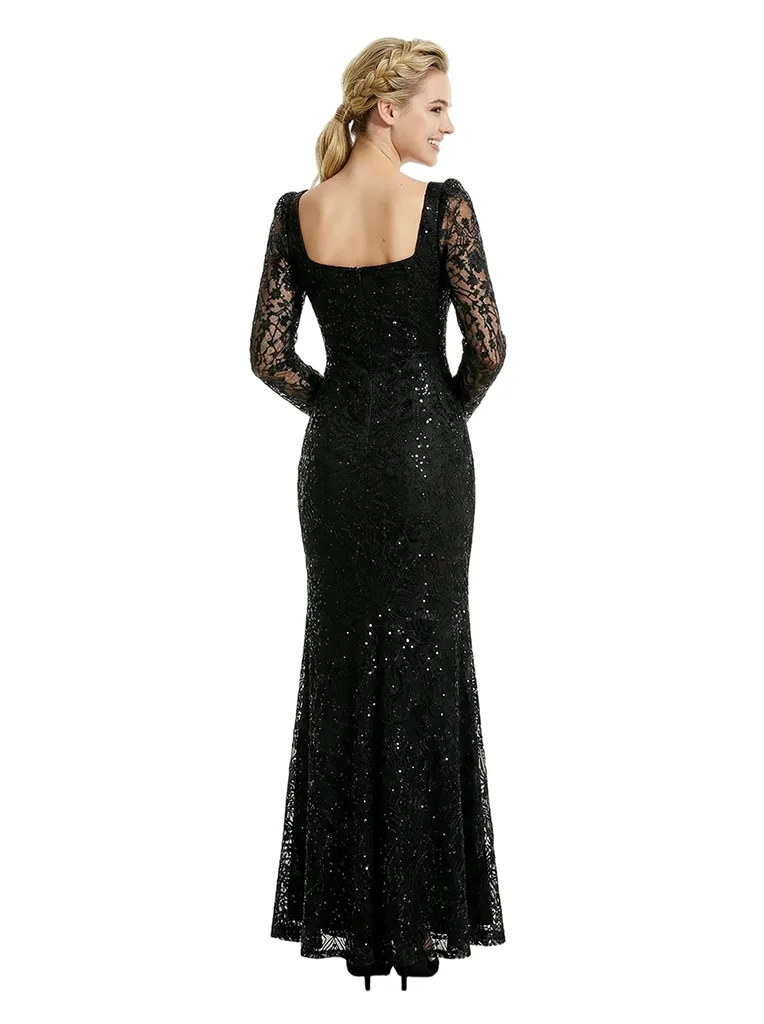 ChicSew Evening Gowns With Sleeves Sparkly Square Long Sleeves Sequin Mermaid Floor Length Prom Dress sold by ChicSew product image thumbnail 3