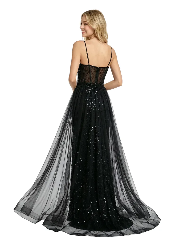 ChicSew Sparkly V-Neck Spaghetti Straps Slit Sequin Mermaid Floor Length Prom Dress Overskirt sold by ChicSew product image thumbnail 3