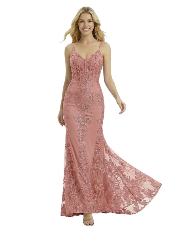 ChicSew Classy Spaghetti Straps V-Neck Corset Prom Dress Lace Mermaid Formal Evening Gown sold by ChicSew