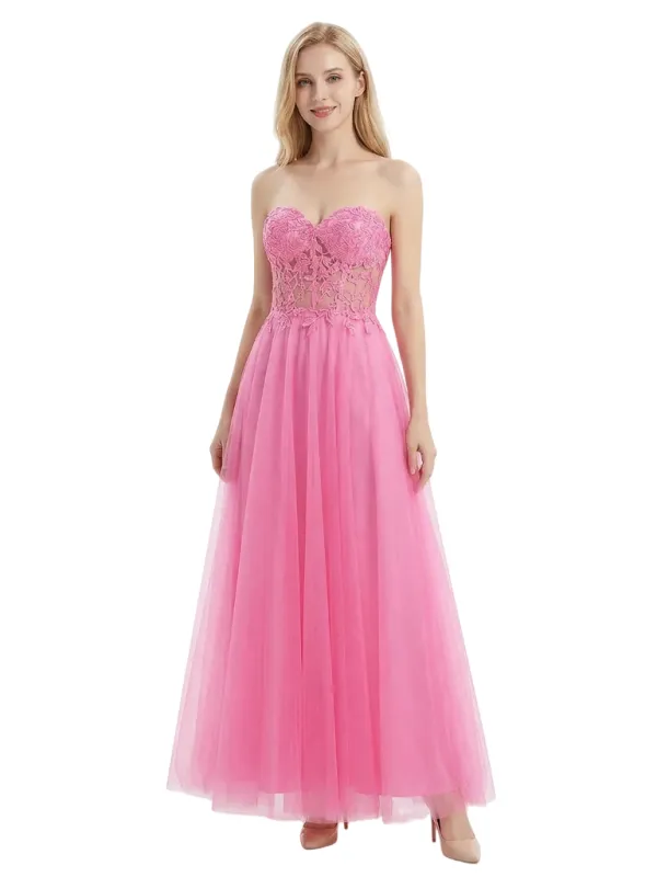 ChicSew Strapless Lace Corset A-Line Prom Gown Tulle Lace Up Back Maxi Dresses sold by ChicSew