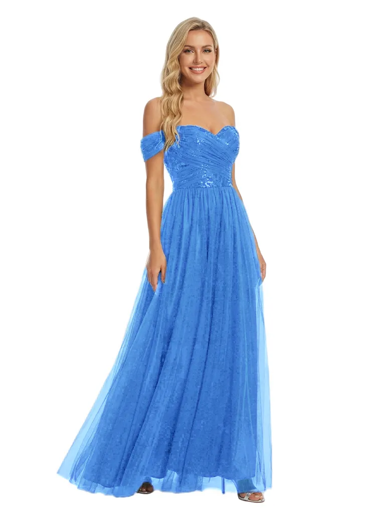 ChicSew Off The Shoulder Sequin Evening Dress Elegant Ruched Long Tulle Gown sold by ChicSew product image thumbnail 5
