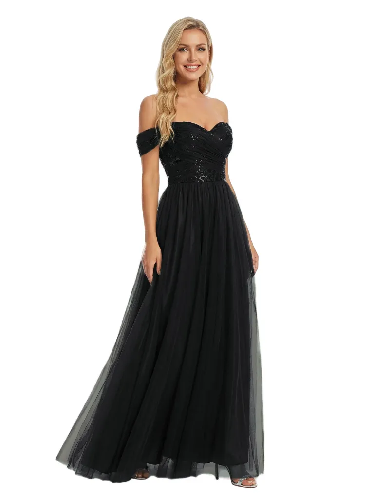 ChicSew Off The Shoulder Sequin Evening Dress Elegant Ruched Long Tulle Gown sold by ChicSew product image thumbnail 4