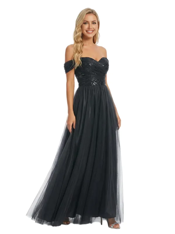 ChicSew Off The Shoulder Sequin Evening Dress Elegant Ruched Long Tulle Gown sold by ChicSew