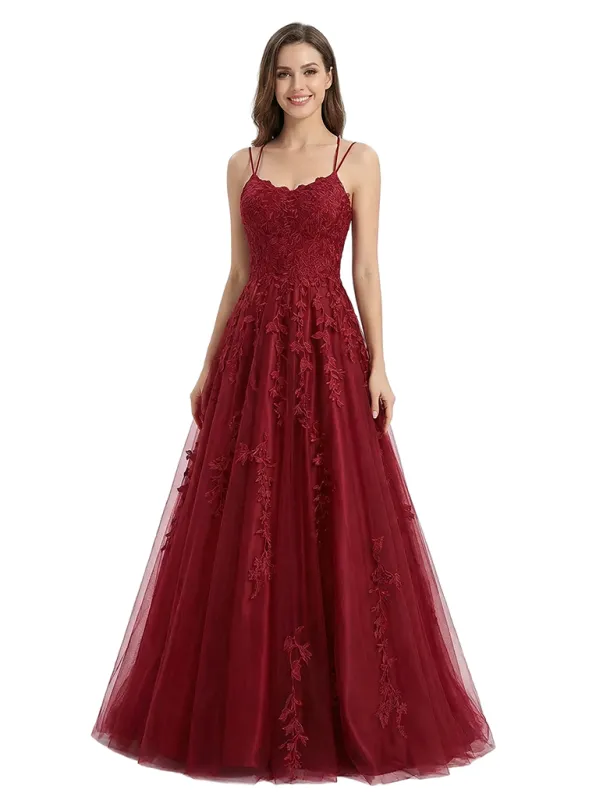 ChicSew Spaghetti Straps Lace Prom Gown Floor-Length A-Line Tulle Formal Dress sold by ChicSew