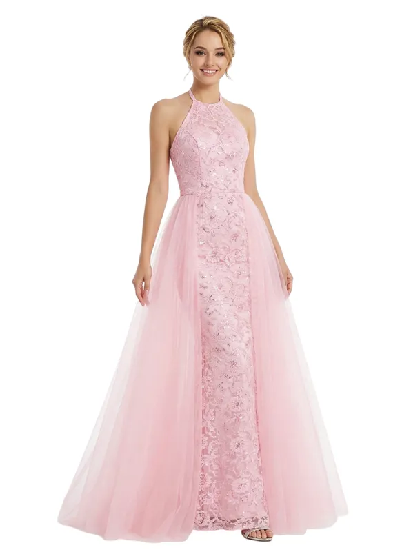 ChicSew Pretty Halter Neck Prom Gown Lace Tulle Fabric A-Line Maxi Formal Evening Gown OverSkirt sold by ChicSew