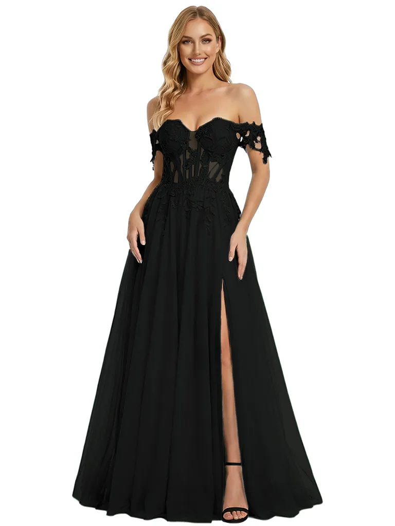 ChicSew Romantic Off Shoulder Dress Elegant Floral Lace Long A-Line Party Prom Gown Slit sold by ChicSew product image thumbnail 4