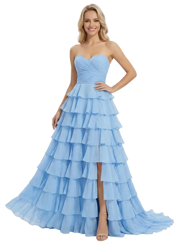 ChicSew Fancy Strapless Sweetheart Prom Gown Ruched Bodice Tiered Chiffon Ball Gown Floor Length Formal Evening Dress sold by ChicSew