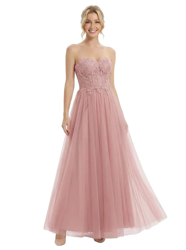 ChicSew Elegant Strapless Sweetheart Prom Dress Lace Applique Tulle A-Line Silhouette Floor Length Formal Evening Gown sold by ChicSew