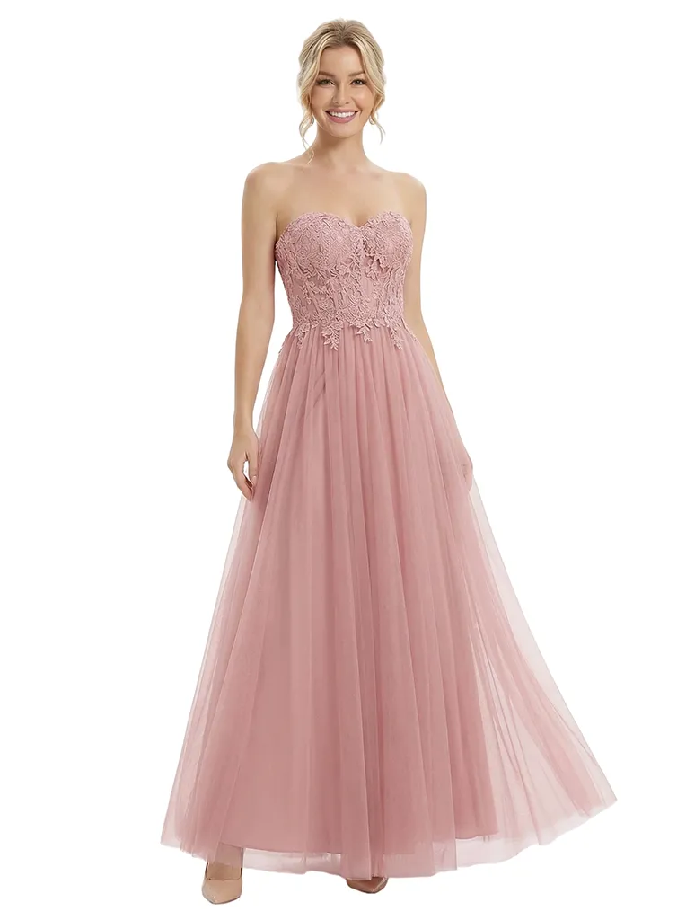 ChicSew Elegant Strapless Sweetheart Prom Dress Lace Applique Tulle A-Line Silhouette Floor Length Formal Evening Gown sold by ChicSew