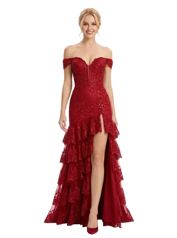 ChicSew Fancy Off The Shoulder Sweetheart Prom Dress Lace Sequin Tiered Tulle Mermaid Silhouette Floor Length Formal Wear sold by ChicSew