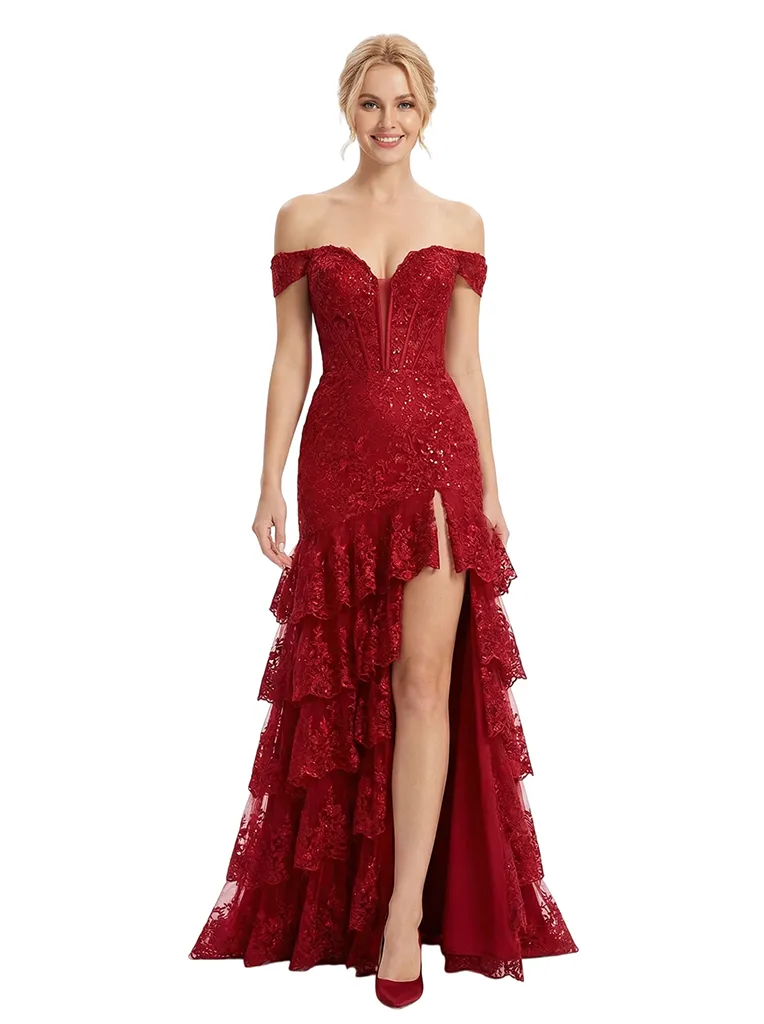 ChicSew Fancy Off The Shoulder Sweetheart Prom Dress Lace Sequin Tiered Tulle Mermaid Silhouette Floor Length Formal Wear sold by ChicSew