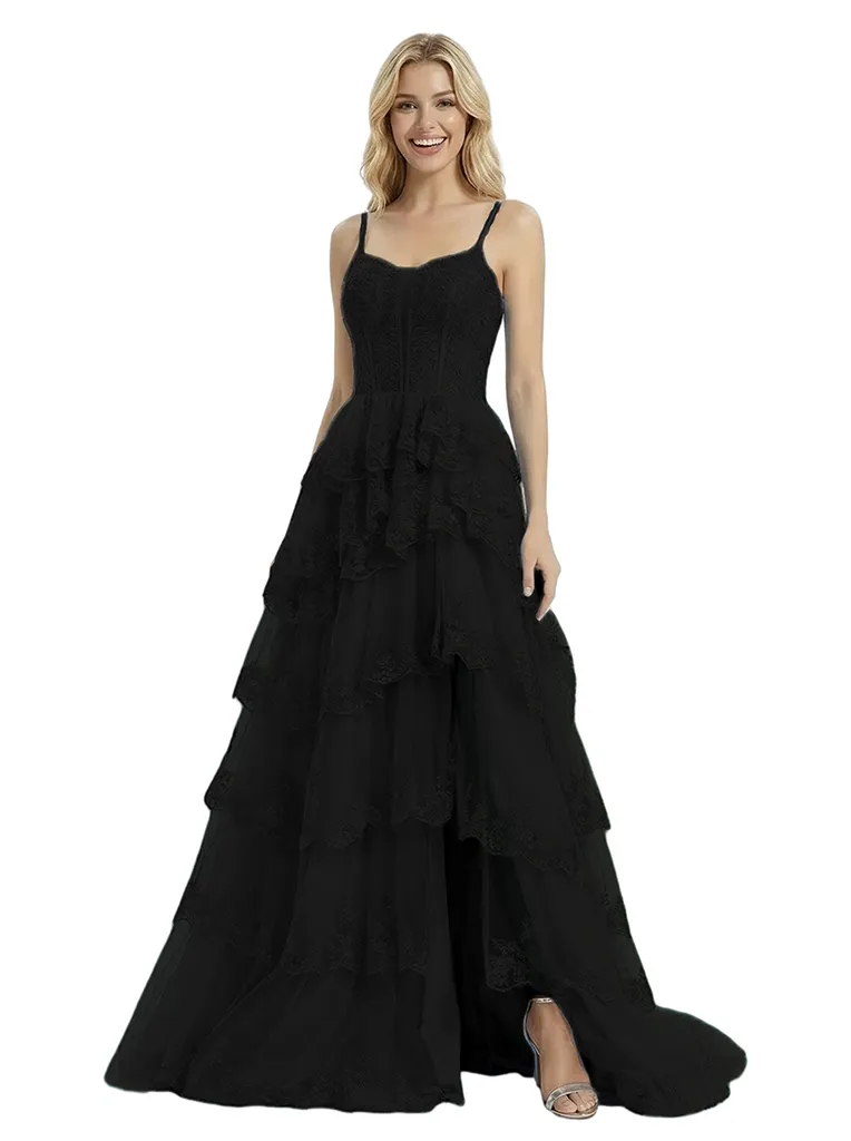 ChicSew Elegant Spaghetti Strap Lace Corset Tiered Tulle Slit Floor Length Formal Evening Gown sold by ChicSew product image thumbnail 4