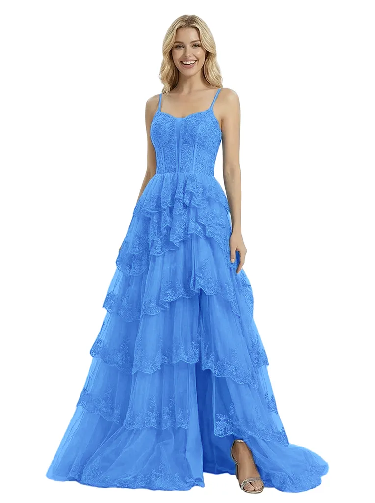 ChicSew Elegant Spaghetti Strap Lace Corset Tiered Tulle Slit Floor Length Formal Evening Gown sold by ChicSew product image thumbnail 5