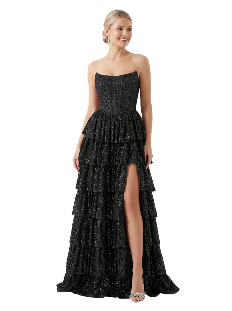 ChicSew Sexy Strapless Corset Prom Dress Sequin Tiered Ruffle Slit Floor Length Formal Evening Gown sold by ChicSew product image thumbnail 4