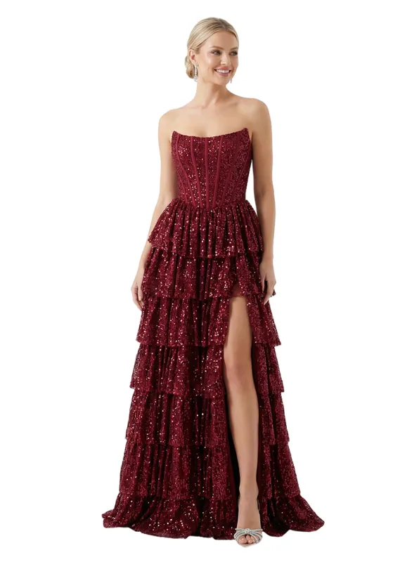 ChicSew Sexy Strapless Corset Prom Dress Sequin Tiered Ruffle Slit Floor Length Formal Evening Gown sold by ChicSew