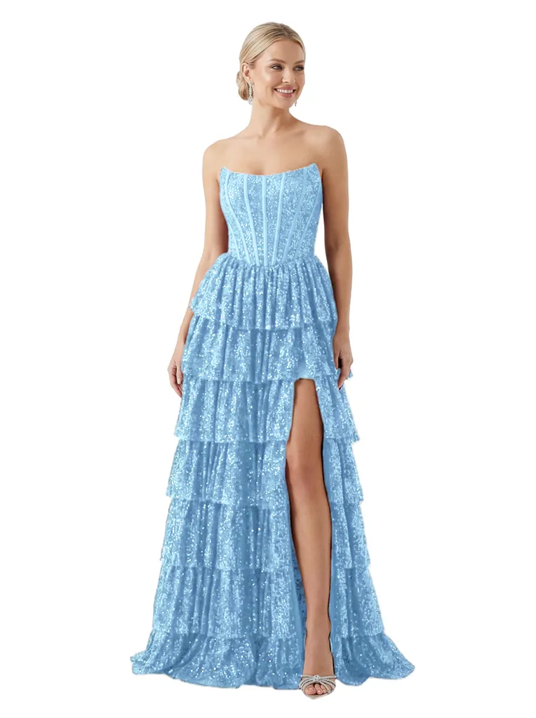 ChicSew Sexy Strapless Corset Prom Dress Sequin Tiered Ruffle Slit Floor Length Formal Evening Gown sold by ChicSew product image thumbnail 5