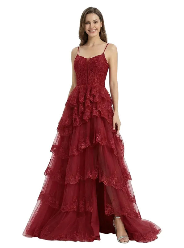 ChicSew Elegant Spaghetti Straps Prom Gown Lace Corset Tiered Tulle Ball Gown Floor Length Formal Evening Gown sold by ChicSew