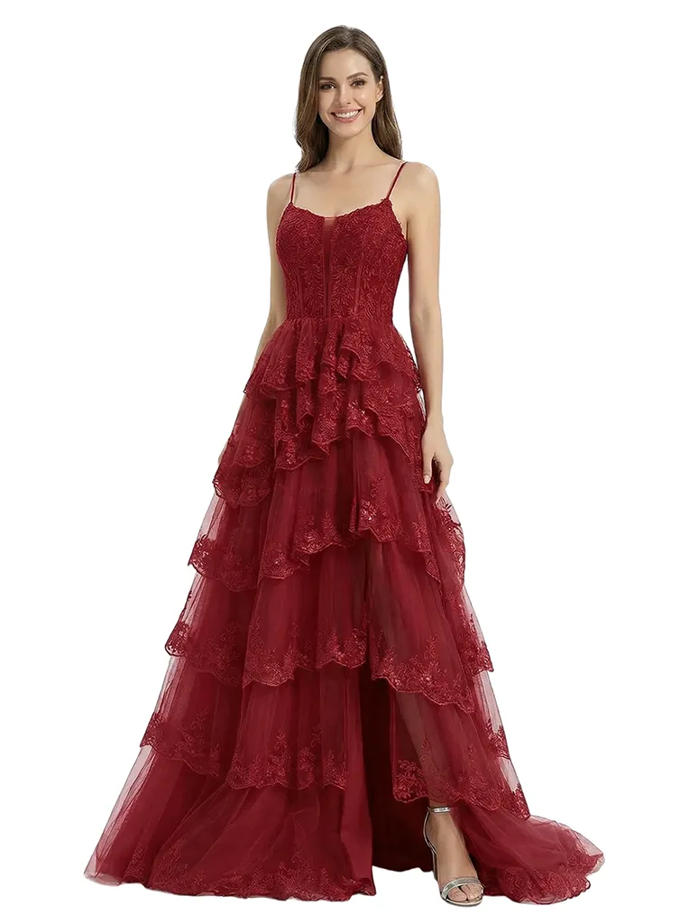 ChicSew Elegant Spaghetti Straps Prom Gown Lace Corset Tiered Tulle Ball Gown Floor Length Formal Evening Gown sold by ChicSew