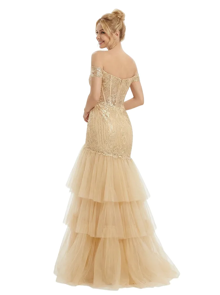 ChicSew Classy Off The Shoulder Prom Dress Lace Applique Tiered Tulle Mermaid Lace Long Formal Dresses sold by ChicSew product image thumbnail 3