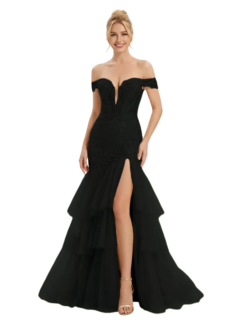 ChicSew Classy Off The Shoulder Prom Dress Lace Applique Tiered Tulle Mermaid Lace Long Formal Dresses sold by ChicSew product image thumbnail 4