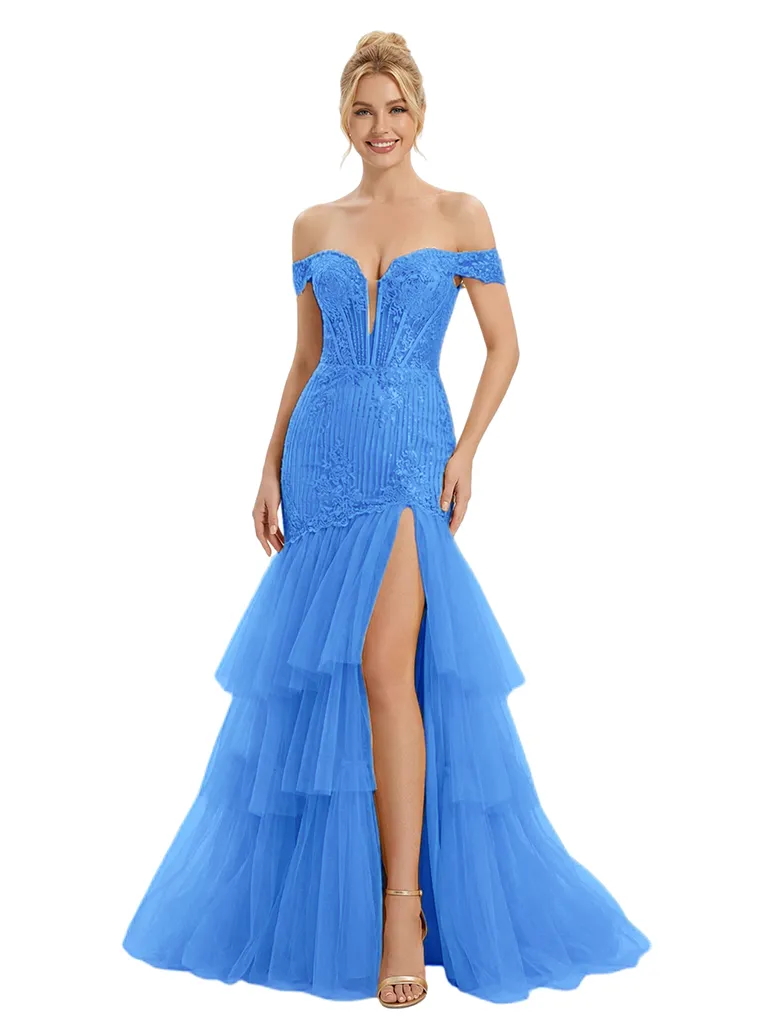 ChicSew Classy Off The Shoulder Prom Dress Lace Applique Tiered Tulle Mermaid Lace Long Formal Dresses sold by ChicSew product image thumbnail 5
