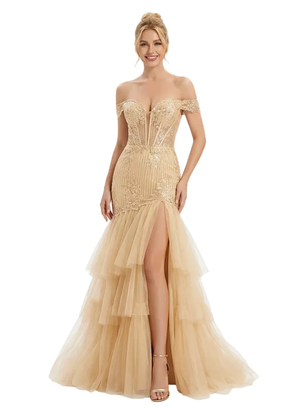 ChicSew Classy Off The Shoulder Prom Dress Lace Applique Tiered Tulle Mermaid Lace Long Formal Dresses sold by ChicSew