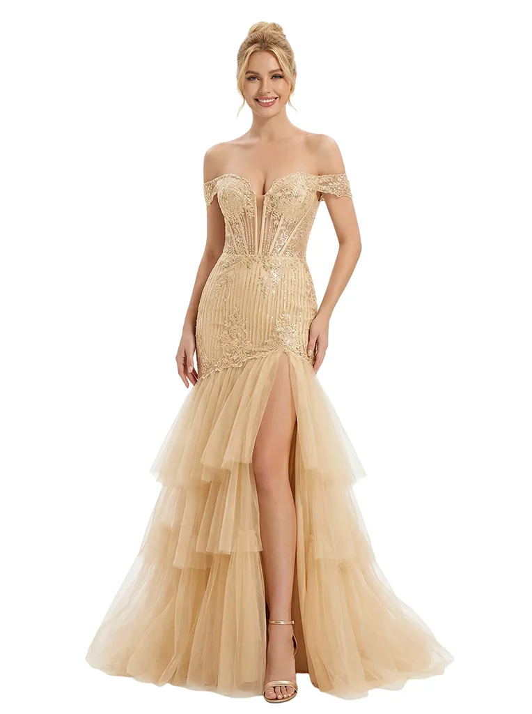 ChicSew Classy Off The Shoulder Prom Dress Lace Applique Tiered Tulle Mermaid Lace Long Formal Dresses sold by ChicSew