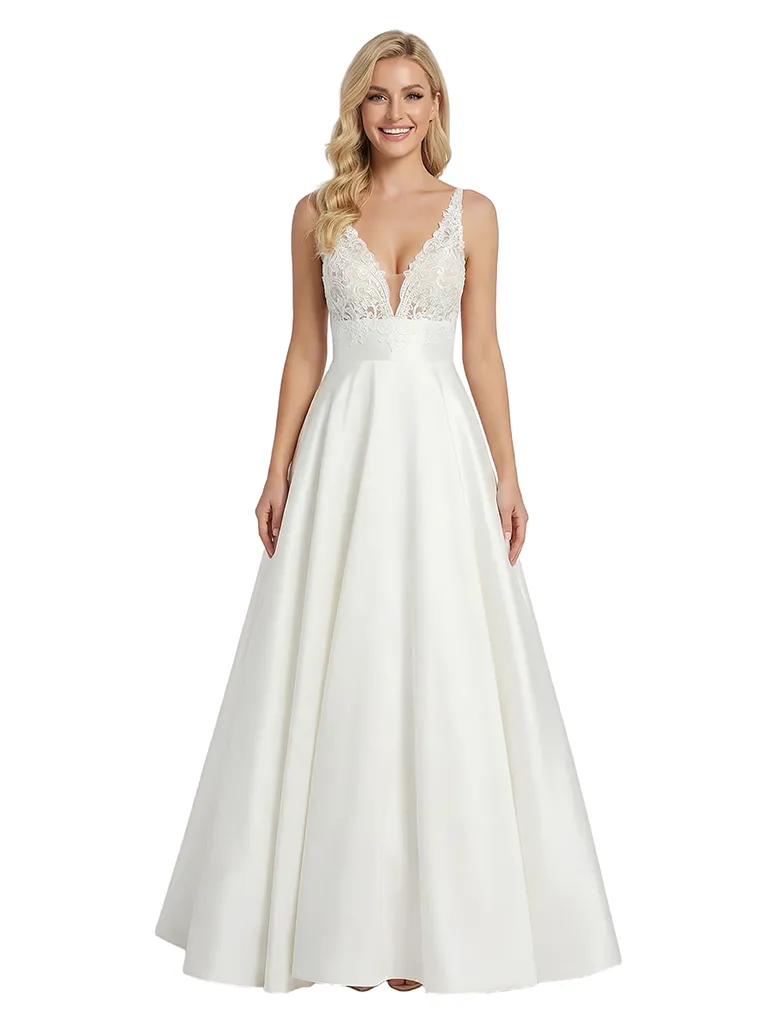 Elegant V-Neck Formal Gown Lace Bodice Satin Fabric A-line Floor Length Prom Party Dress sold by ChicSew