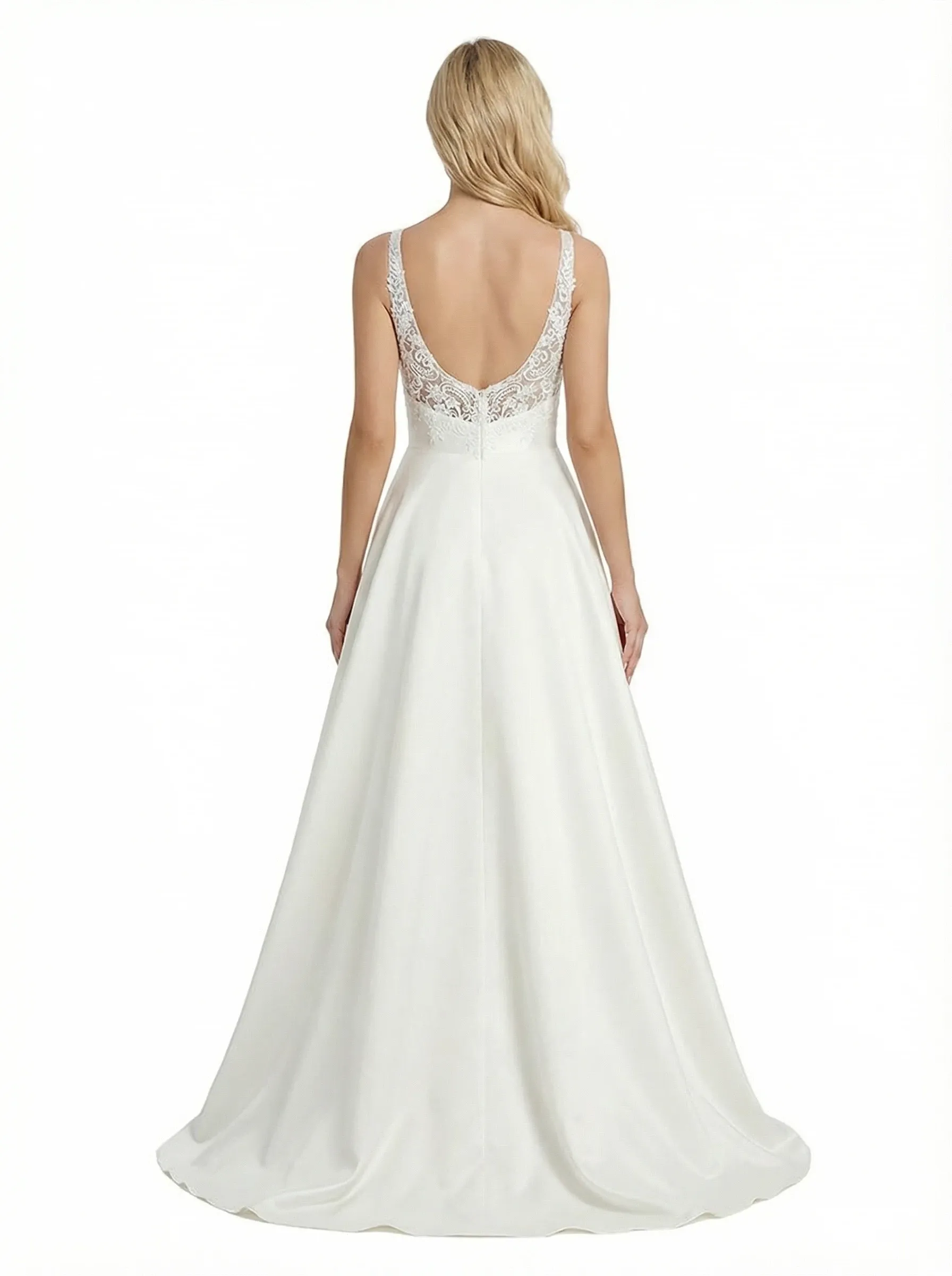 Elegant V-Neck Formal Gown Lace Bodice Satin Fabric A-line Floor Length Prom Party Dress sold by ChicSew product image thumbnail 3