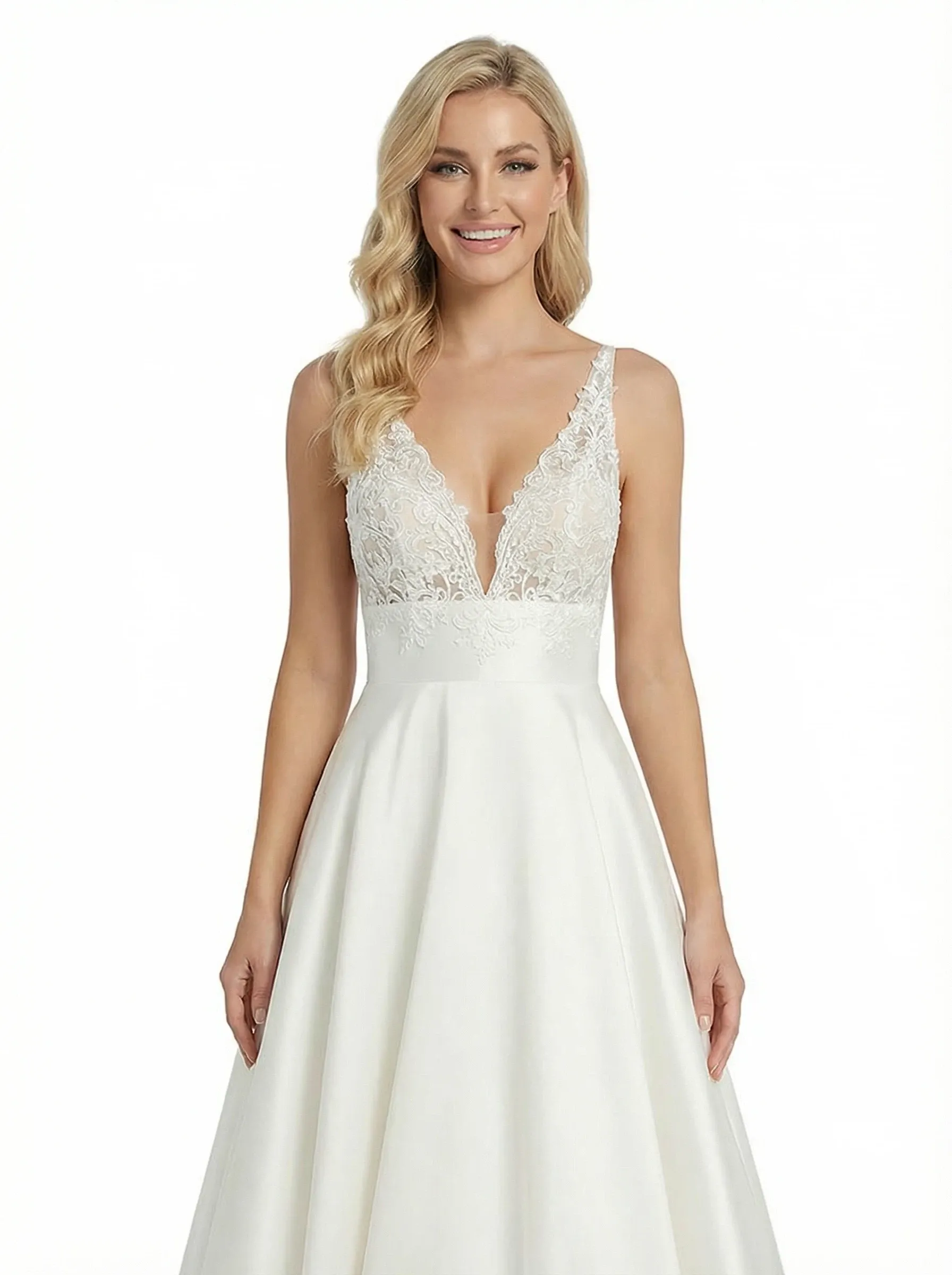 Elegant V-Neck Formal Gown Lace Bodice Satin Fabric A-line Floor Length Prom Party Dress sold by ChicSew product image thumbnail 2