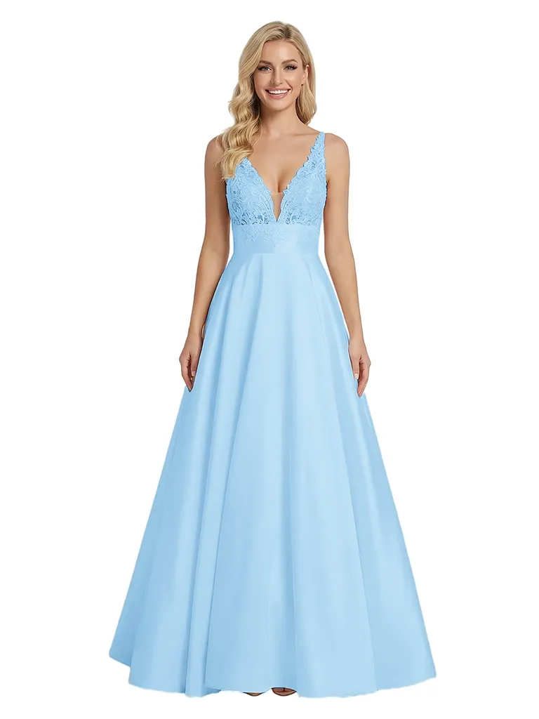 Elegant V-Neck Formal Gown Lace Bodice Satin Fabric A-line Floor Length Prom Party Dress sold by ChicSew product image thumbnail 5