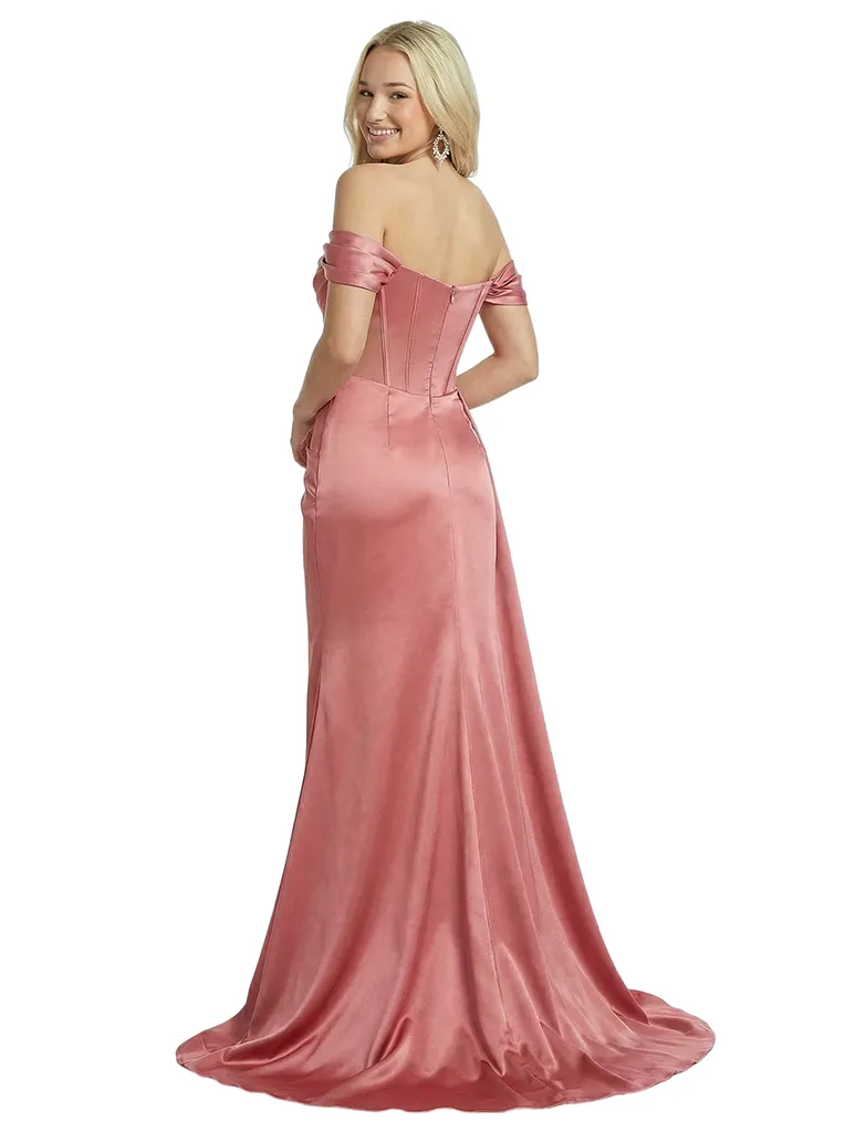 Elegant Off Shoulder Sleeveless Ruched Satin Mermaid Prom Dress With Side Overlay sold by ChicSew product image thumbnail 3