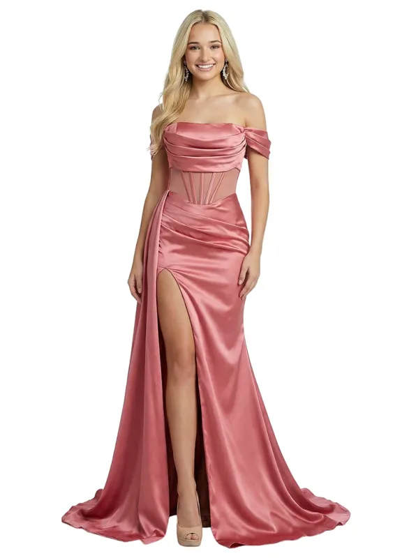 Elegant Off Shoulder Sleeveless Ruched Satin Mermaid Prom Dress With Side Overlay sold by ChicSew