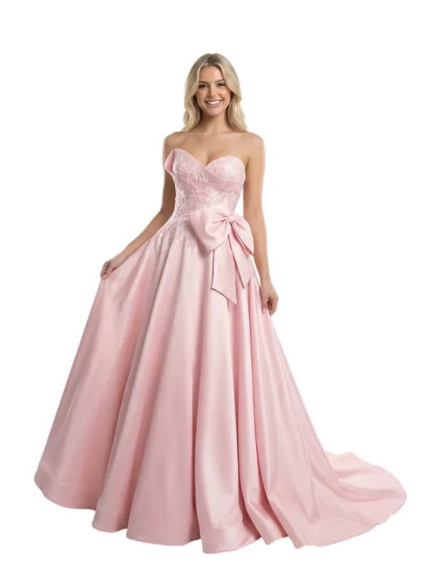 Modern Sweetheart Prom Dress Bow Detail Lace Satin Ball Gown Floor Length Formal Evening Gown sold by ChicSew