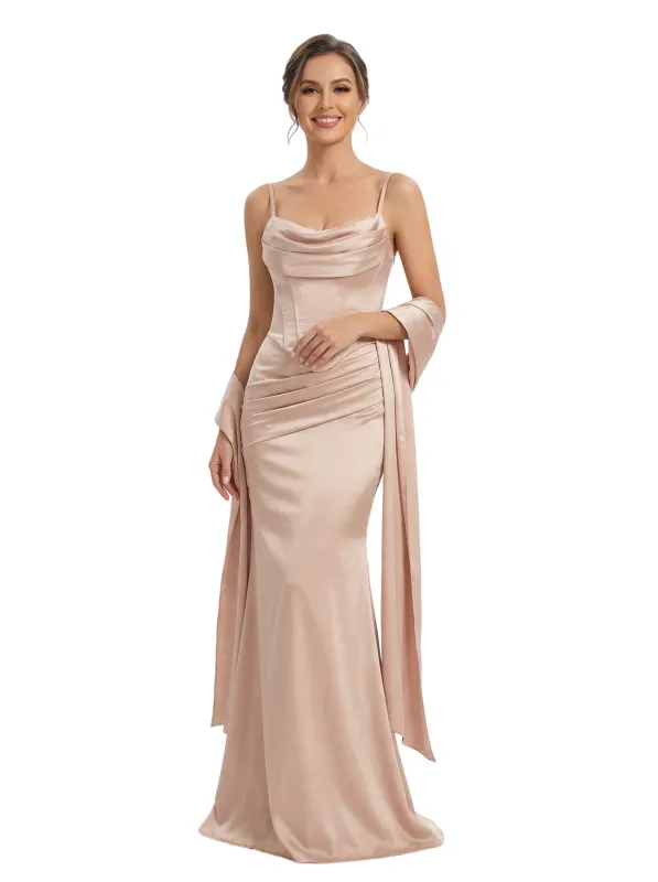 ChicSew Spaghetti Straps Corset Satin Ruched Mermaid Long Formal Bridesmaid Dresses sold by ChicSew