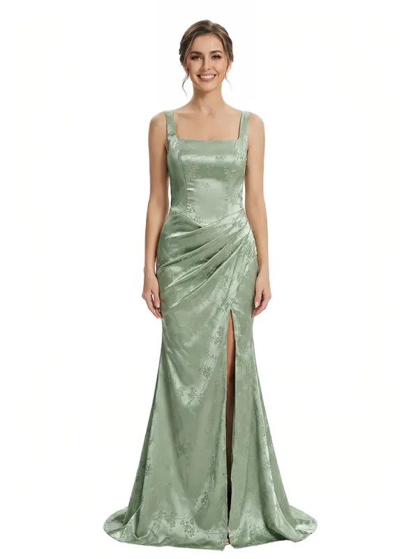 Elegant Jacquard Satin Spaghetti Straps Side Slit Mermaid Long Formal Evening Dresses sold by ChicSew