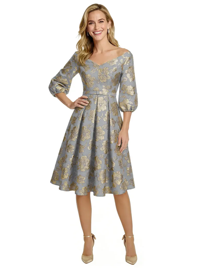 ChicSew Elegant Floral Jacquard V-Neck 3/4 Sleeves A-Line Knee-Length Formal Evening Dresses sold by ChicSew product image thumbnail 5